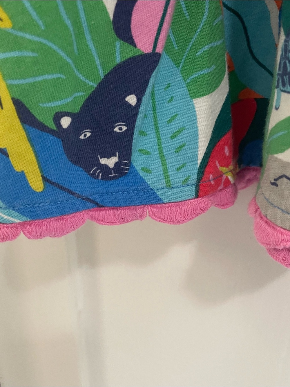 Mini Boden Teal Jungle Animal Jersey pocket dress with pink scalloped trim 11-12 - Picture 5 of 8